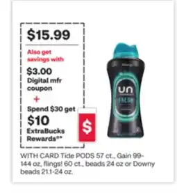 CVS Tide PODS 57 ct., Gain 99- 144 oz, flings! 60 ct., beads 24 oz or Downy beads 21.1-24 oz offer