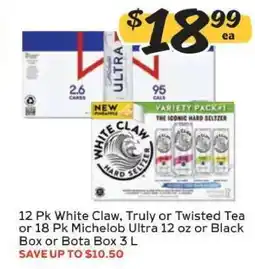 Winn Dixie 12 Pk White Claw, Truly or Twisted Tea or 18 Pk Michelob Ultra 12 oz or Black Box or Bota Box 3 L offer