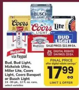 Safeway Bud, Bud Light, Michelob Ultra, Miller Lite, Coors Light, Coors Banquet or Busch Light offer