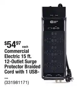 The Home Depot Commercial Electric 15 ft. 12-Outlet Surge Protector Braided Cord with 1 USB-A and 2 USB-C, Black offer