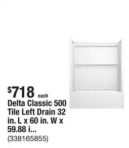 The Home Depot Delta Classic 500 Tile Left Drain 32 in. L x 60 in. W x 59.88 in. H Alcove Bathtub Kit with Tub Wall offer