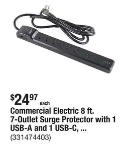 The Home Depot Commercial Electric 8 ft. 7-Outlet Surge Protector with 1 USB-A and 1 USB-C, Black offer