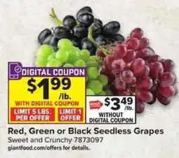 Giant Food Red, Green or Black Seedless Grapes offer