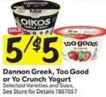 Stop&Shop Dannon Greek, Too Good or Yo Crunch Yogurt offer