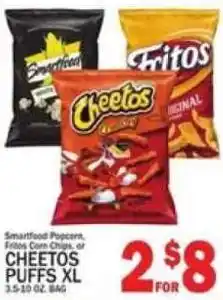 C Town Smartfood Popcorn, Fritos Corn Chips, or CHEETOS PUFFS XL offer