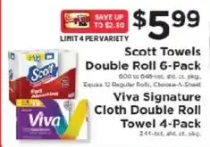 ShopRite Scott Towels Double Roll 6-Pack, Viva Signature Cloth Double Roll Towel 4-Pack offer