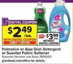 Giant Food Palmolive or Ajax Dish Detergent or Suavitel Fabric Softener offer