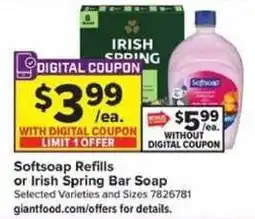 Giant Food Softsoap Refills or Irish Spring Bar Soap offer