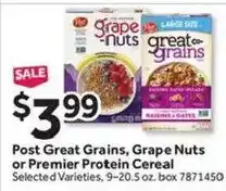 Stop&Shop Post Great Grains, Grape Nuts or Premier Protein Cereal offer