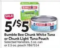 Stop&Shop Bumble Bee Chunk White Tuna or Chunk Light Tuna Pouch offer