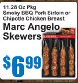 SuperFresh Smoky BBQ Pork Sirloin or Chipotle Chicken Breast Marc Angelo Skewers offer
