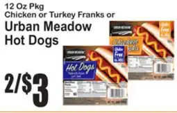 SuperFresh 12 Oz Pkg Chicken or Turkey Franks or Urban Meadow Hot Dogs offer