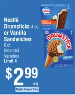Smart & Final Nestlé Drumsticks 4 ct. or Vanilla Sandwiches 6 ct offer