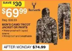Dunham's Sports Huntworth men's camo tricot jacket or pants offer