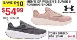 Dunham's Sports Under Armour men's or women's surge 5 running shoes offer
