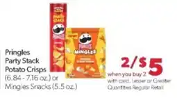 Family Fare Pringles Party Stack Potato Crisps or Mingles Snacks offer