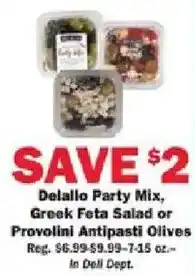 Schnucks Delallo Party Mix, Greek Feta Salad or Provolini Antipasti Olives offer