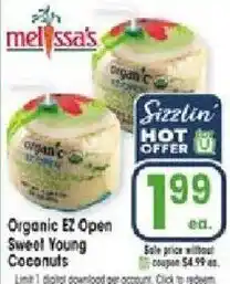 Jewel-Osco Melissa's organic ez open sweet young coconuts offer