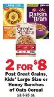 Schnucks Post Great Grains, Kids' Large Size or Honey Bunches of Oats Cereal offer