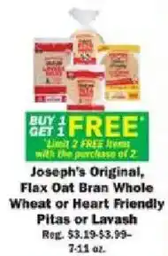 Schnucks Joseph's Original, Flax Oat Bran Whole Wheat or Heart Friendly Pitas or Lavash offer
