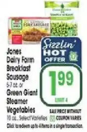 Jewel-Osco Jones Dairy Farm Breakfast Sausage or Green Giant Steamer Vegetables offer