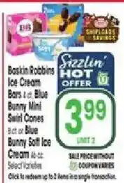Jewel-Osco Baskin Robbins Ice Cream Bars 8 ct. Blue Bunny Mini Swirl Cones or Blue Bunny Soft Ice Cream 46-oz. offer