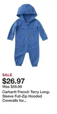 Cabela's Carhartt French Terry Long-Sleeve Full-Zip Hooded Coveralls for Babies - Azure Blue - 3 Months offer