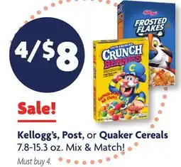 Family Dollar Kellogg's, Post, or Quaker Cereals offer