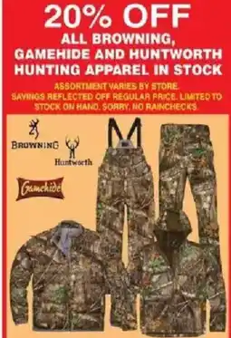 Dunham's Sports All browning, gamehide and huntworth hunting apparel in stock offer