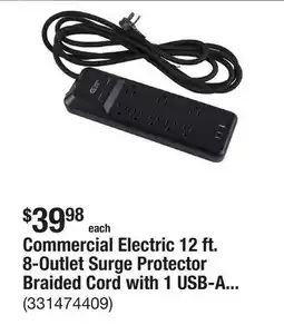 The Home Depot Commercial Electric 12 ft. 8-Outlet Surge Protector Braided Cord with 1 USB-A and 2 USB-C, Black offer