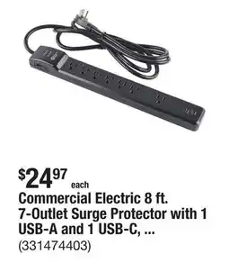 The Home Depot Commercial Electric 8 ft. 7-Outlet Surge Protector with 1 USB-A and 1 USB-C, Black offer