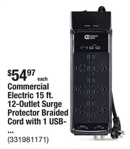 The Home Depot Commercial Electric 15 ft. 12-Outlet Surge Protector Braided Cord with 1 USB-A and 2 USB-C, Black offer