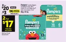 Dollar General Pampers Jumbo Diapers Swaddlers Sizes: NB-2L Counts: 80-124 Baby-Dry Sizes: 4-6 Counts: 25-38 offer