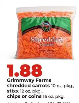 Hy-Vee Grimmway Farms shredded carrots 10 oz. pkg., stixx 12 oz. pkg., chips or coins 16 oz. pkg offer