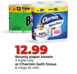 Hy-Vee Bounty paper towels 4 triple rolls or Charmin bath tissue 6 mega XL rolls offer