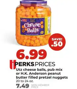 Hy-Vee Utz cheese balls, pub mix or H.K. Anderson peanut butter filled pretzel nuggets offer