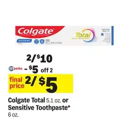 Meijer Colgate Total 5.1 oz. or Sensitive Toothpaste offer