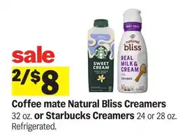 Meijer Coffee mate Natural Bliss Creamers 32 oz. or Starbucks Creamers 24 or 28 oz offer