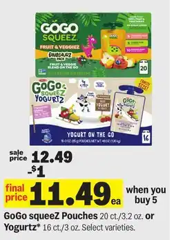 Meijer GoGo squeeZ Pouches 20 ct./3.2 oz. or Yogurtz* 16 ct./3 oz offer