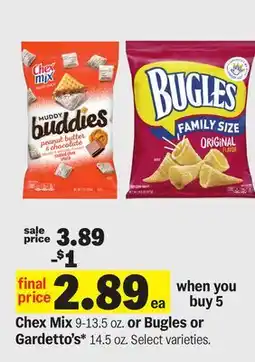Meijer Chex Mix 9-13.5 oz. or Bugles or Gardetto's* 14.5 oz offer