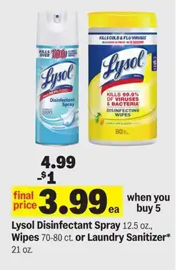 Meijer Lysol Disinfectant Spray 12.5 oz., Wipes 70-80 ct. or Laundry Sanitizer offer