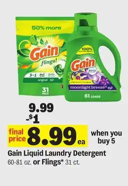 Meijer Gain Liquid Laundry Detergent 60-81 oz. or Flings* 31 ct offer