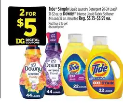 Dollar General Tide Simply Liquid Laundry Detergent or Downy Intense Liquid Fabric Softener offer