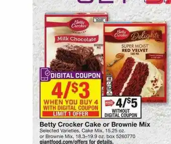 Giant Food Betty Crocker Cake Or Brownie Mix offer