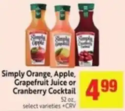 Lucky Supermarkets Simply Orange, Apple, Grapefruit Juice or Cranberry Cocktail offer