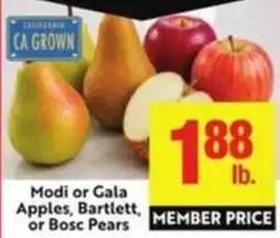 Lucky Supermarkets Modi or Gala Apples, Bartlett, or Bosc Pears offer