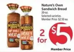 Vons Nature's Own Sandwich Bread offer