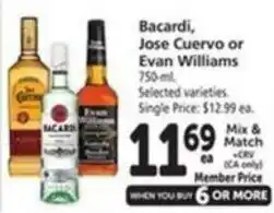 Vons Bacardi, Jose Cuervo or Evan Williams offer