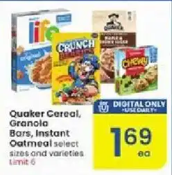 Albertsons Quaker Cereal, Granola Bars, Instant Oatmeal select sizes and varieties offer