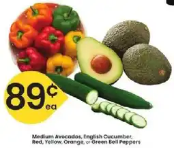 Albertsons Medium Avocados, English Cucumber, Red, Yellow, Orange, or Green Bell Peppers offer